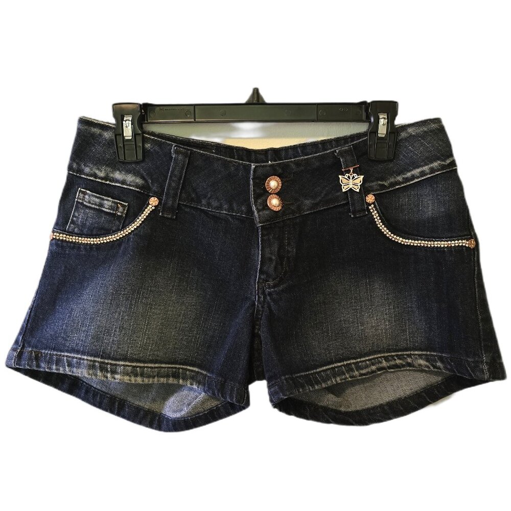 Vintage Y2K Bivik Jeans Co Denim Shorts Rhinestone Butterfly Charm Dark Wash 32"